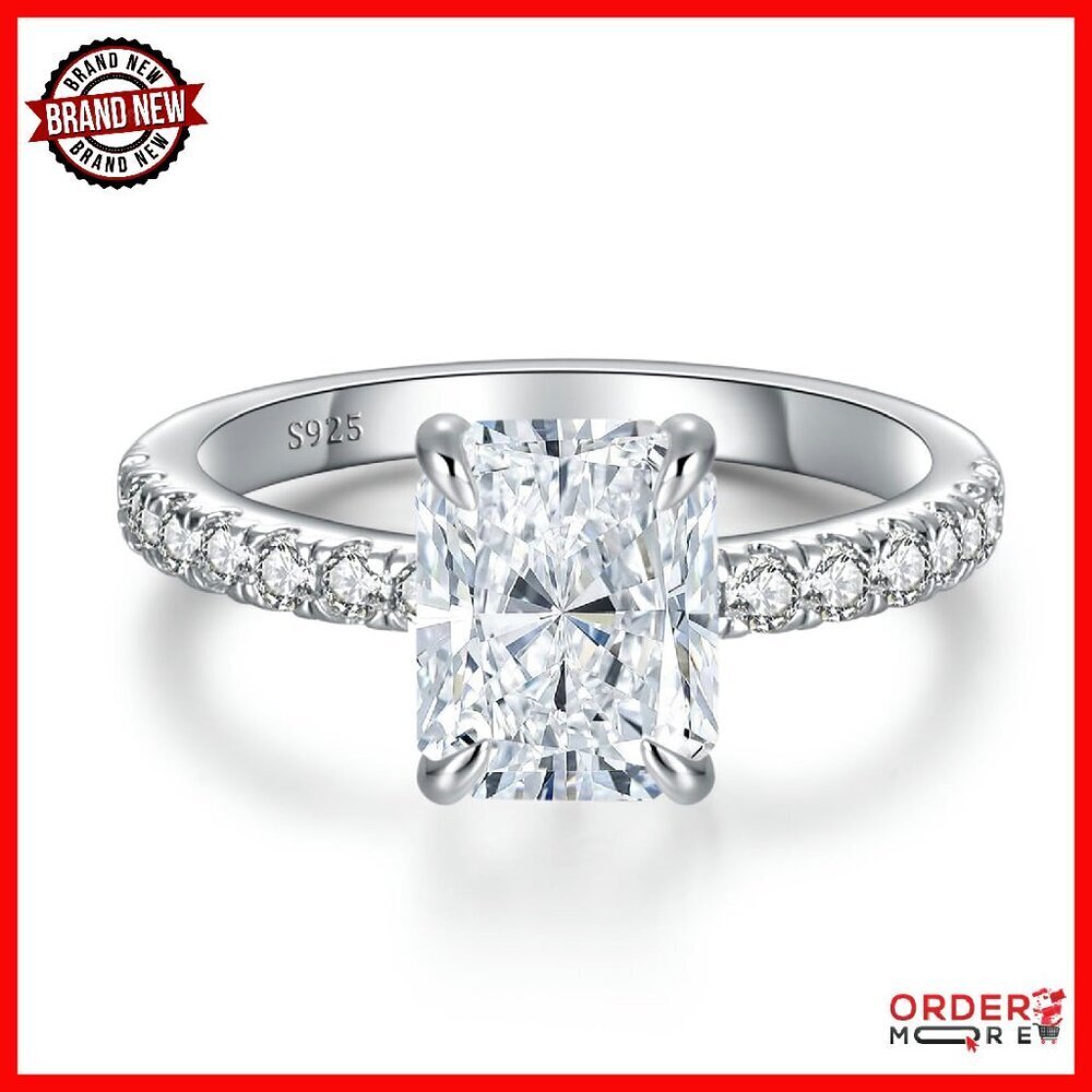 3CT Radiant Cut Moissanite Ring, Sterling Silver, Size 8, Wedding Gift